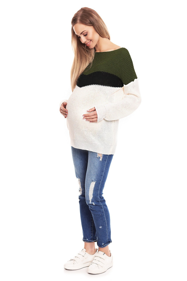 Trojfarebný tehotenský sveter model 40023 farba khaki+ecru