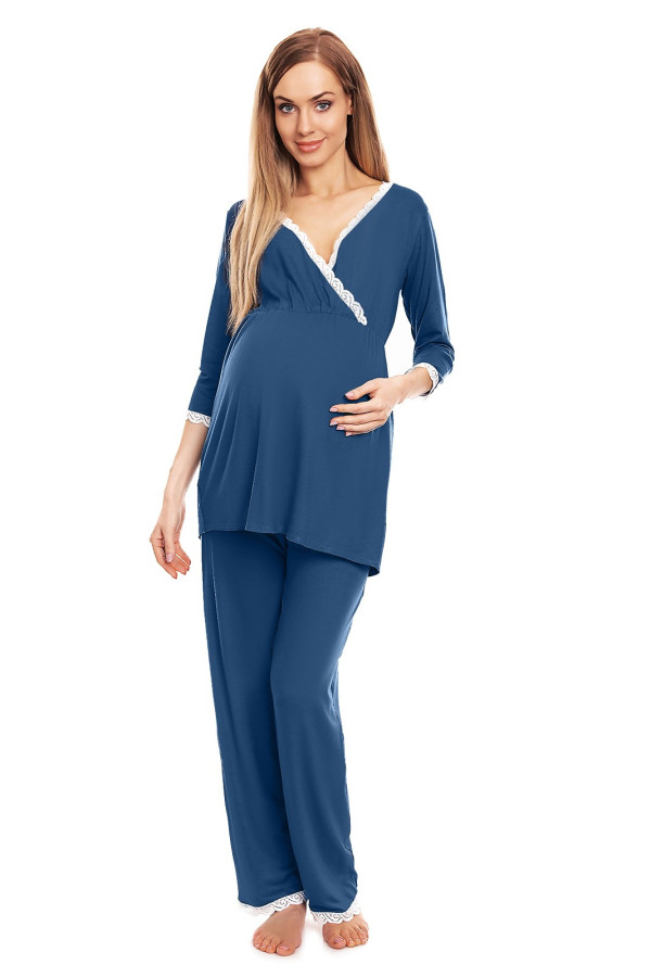 Tehotenské pyžamo s čipkovanou lemovkou model 0136 farba džínsová