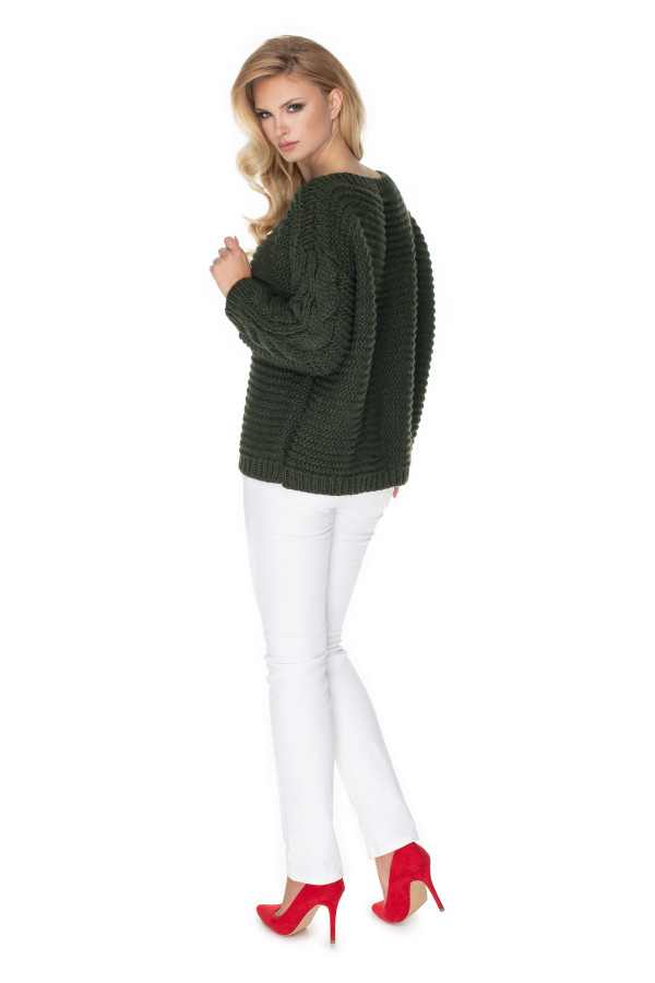 Hrubý sveter s vrkočovým vzorom model 30065 farba khaki