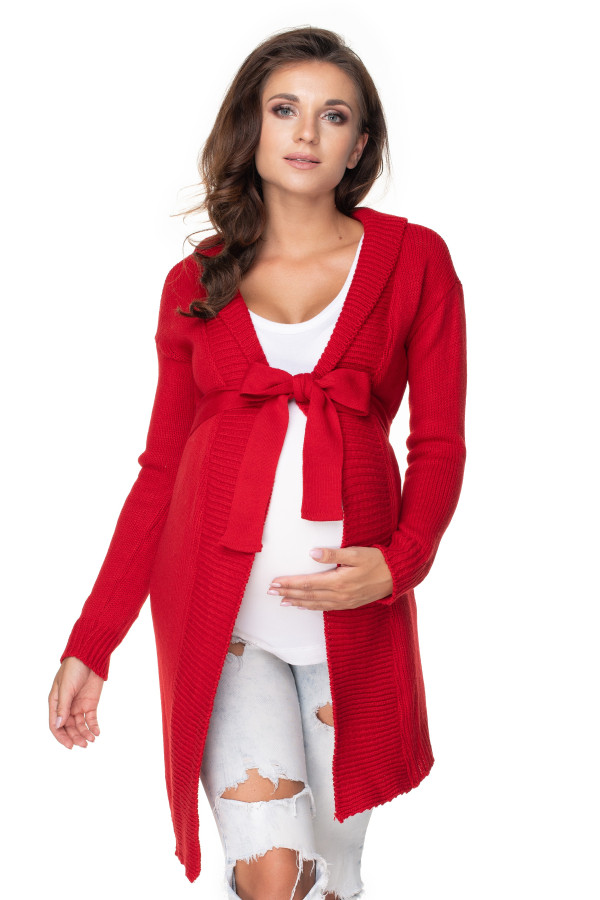 Predlžený kardigánový sveter so zapínaním v páse model 40045 červený