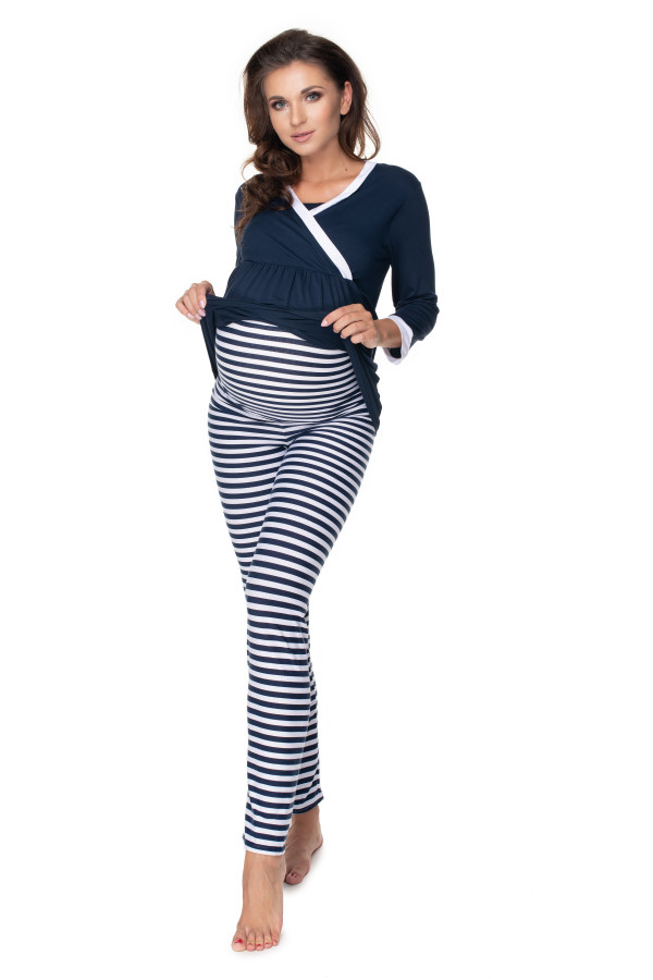 Tehotenské pyžamo s pruhovanými nohavicami model 0150 farba námornícka modrá+biela