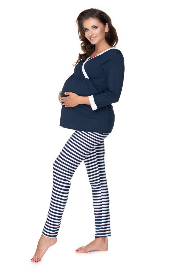Tehotenské pyžamo s pruhovanými nohavicami model 0150 farba námornícka modrá+biela
