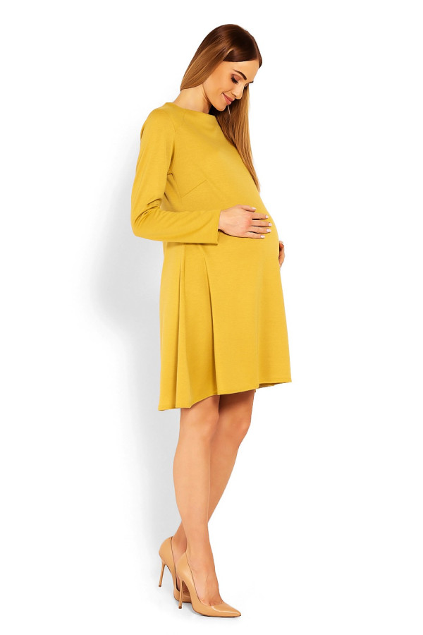 Klasické voľné tehotenské šaty s áčkovým strihom horčicové