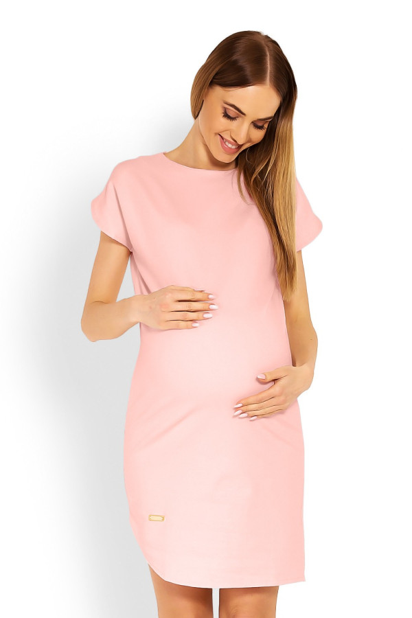 Asymetrické tehotenské šaty s krátkym rukávom model 1629C pudrovo ružové