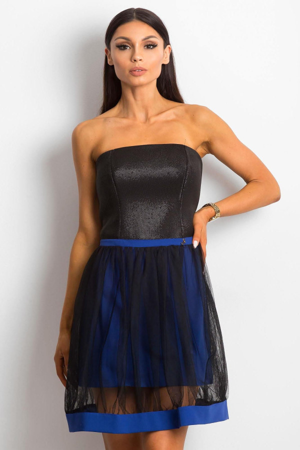Korzetové koktejlové šaty s tylom model 89236 farba kráľovská modrá+čierna