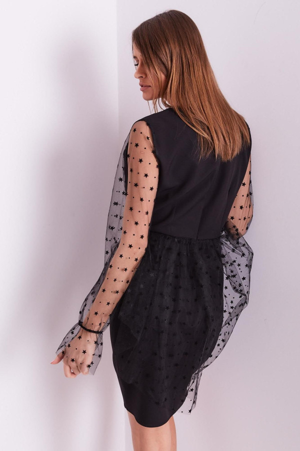 Elegantné šaty s tylovými rukávmi model 0295 čierne