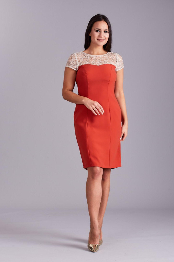 Koktejlové šaty so sieťovaným dekoltom model 01195 oranžové