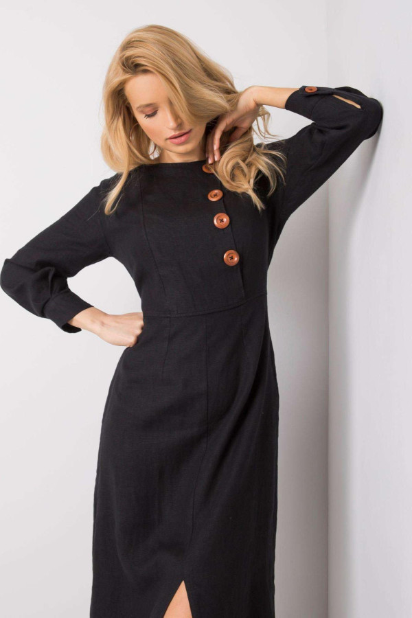 Midi bavlnené šaty Kirsten s gombíkmi a rozparkom čierne
