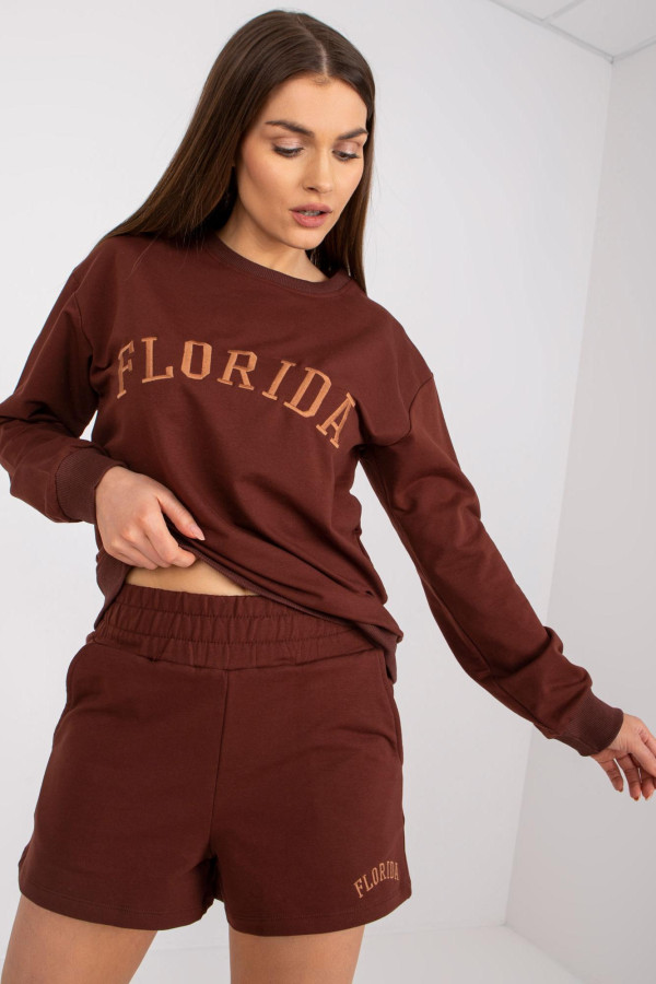Súprava šortiek a mikiny s vyšívaným nápisom Florida hnedá