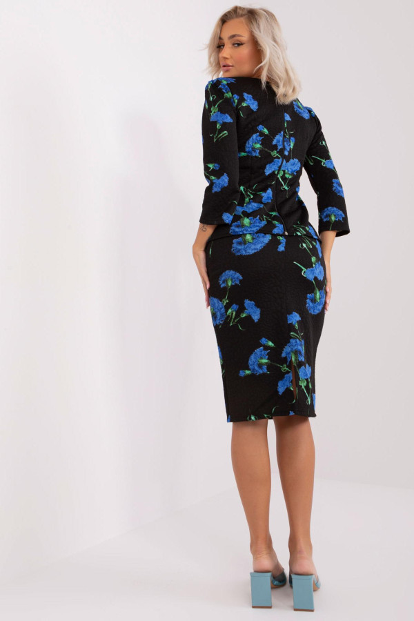 Kvetinový komplet blúzky a sukne model 55812 čierny+farba kráľovská modrá