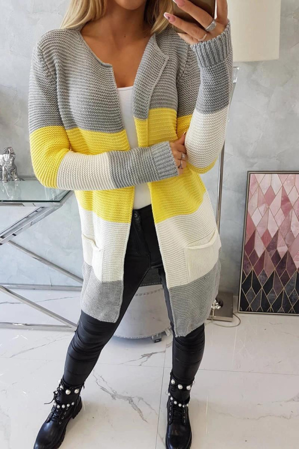 Trojfarebný kardigánový sveter model 2019-12 šedý+žltý