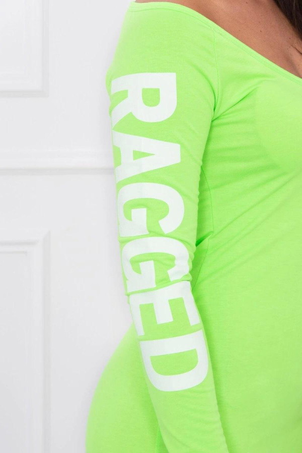 Šaty s nápisom RAGGED na rukáve a odhaleným driekom neónovo zelené