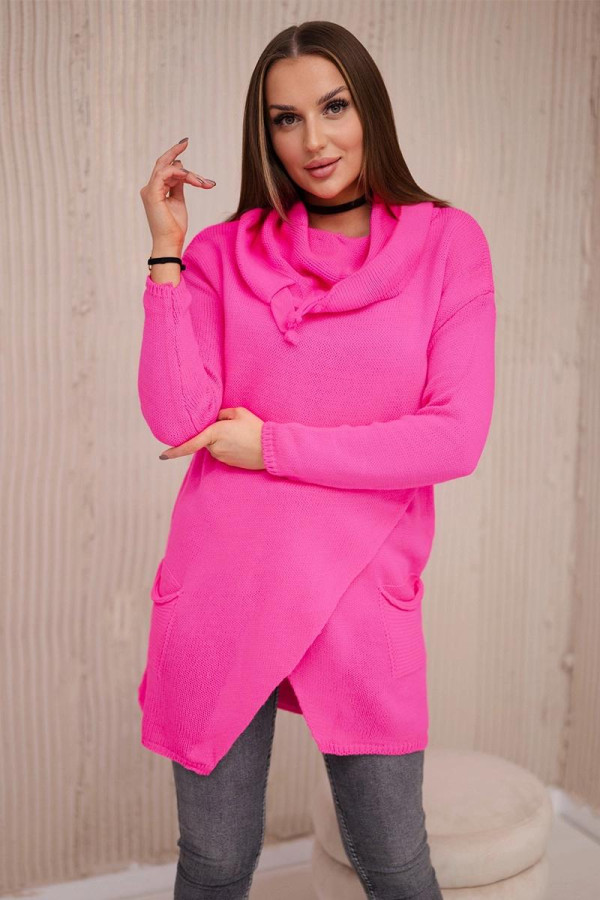 Predlžený sveter v zavinovacom štýle s kapucňou neónovo ružový