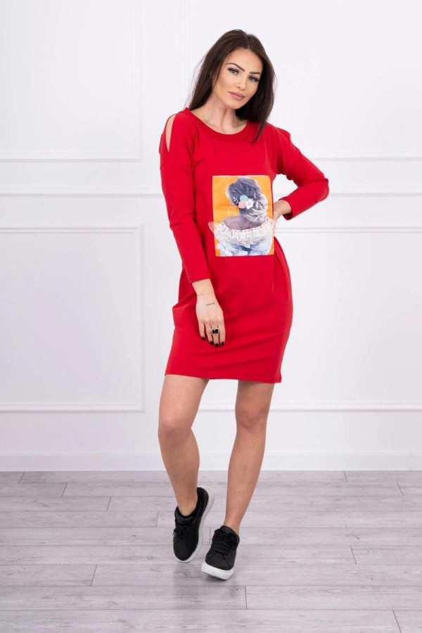 Šaty s 3D grafikou s čipkou a zirkónmi model 66829 červené