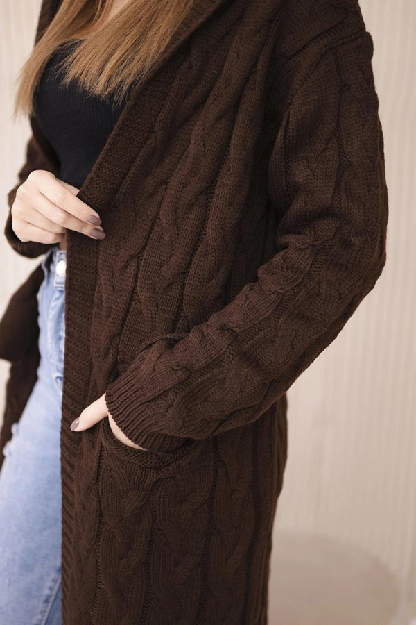 Kardigánový sveter s kapucňou a vreckami model 2019-24 hnedý