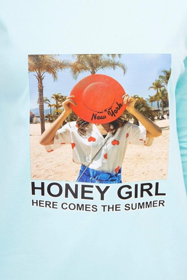 Šaty s letným motívom a nápisom Honey Girl mentolové