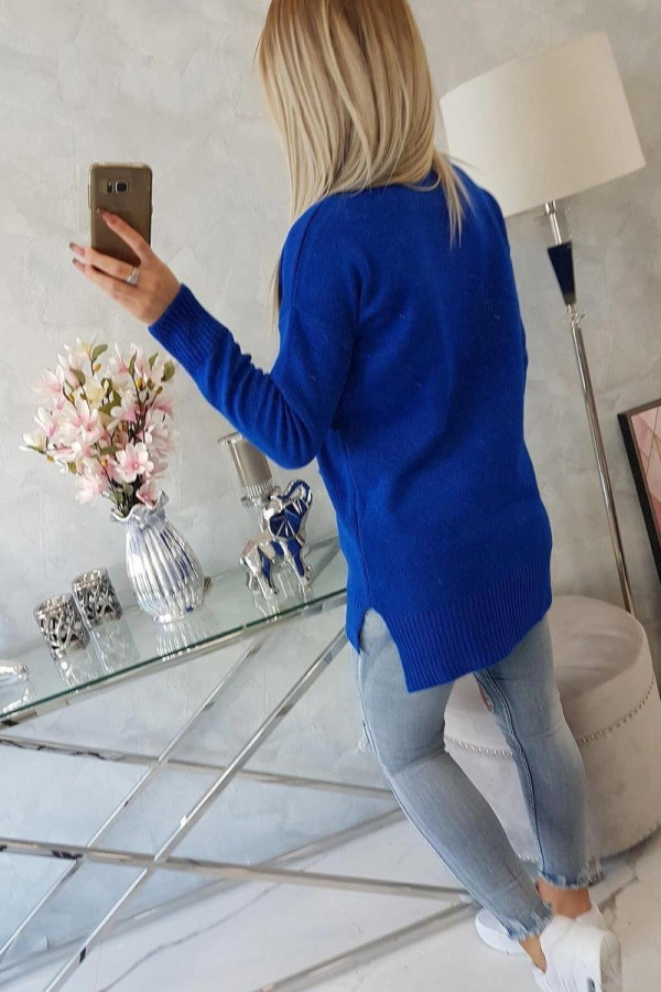 Úpletový sveter s rozparkami, vreckami a stojačikom farba kráľovská modrá