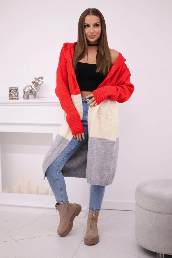 Dlhý trojfarebný kardigánový sveter s kapucňou model 24-35 červený+béžový+šedý