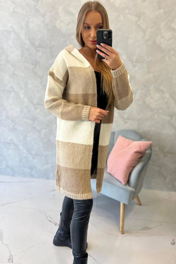 Trojfarebný kardigánový sveter model 2019-25 ecru+béžový+cappuccino
