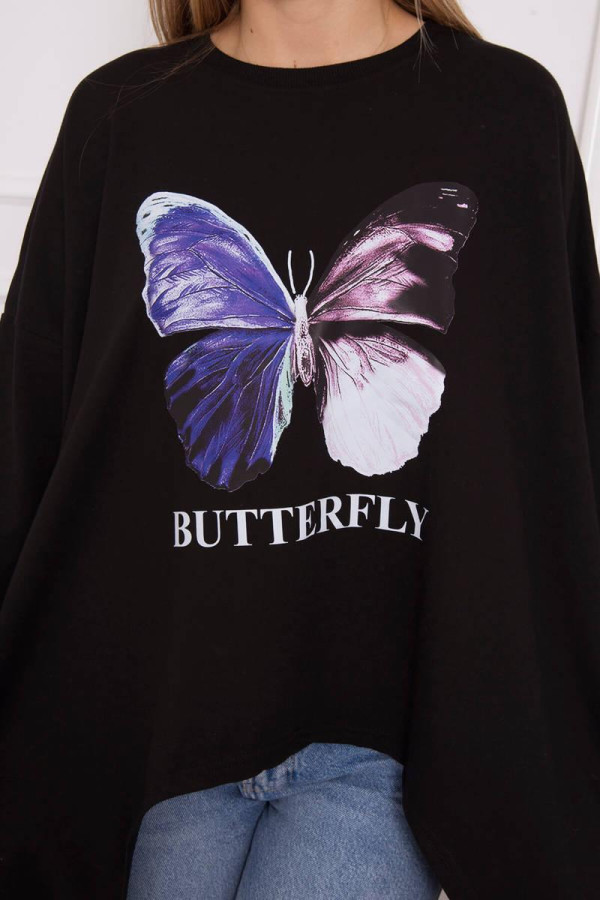 Predlžená oversize blúzka s potlačou motýľa čierna
