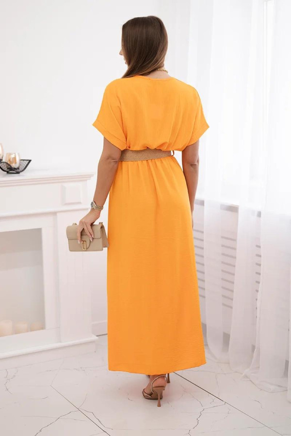 Dlhé šaty s ozdobným opaskom a rozparkom model 6012F oranžové