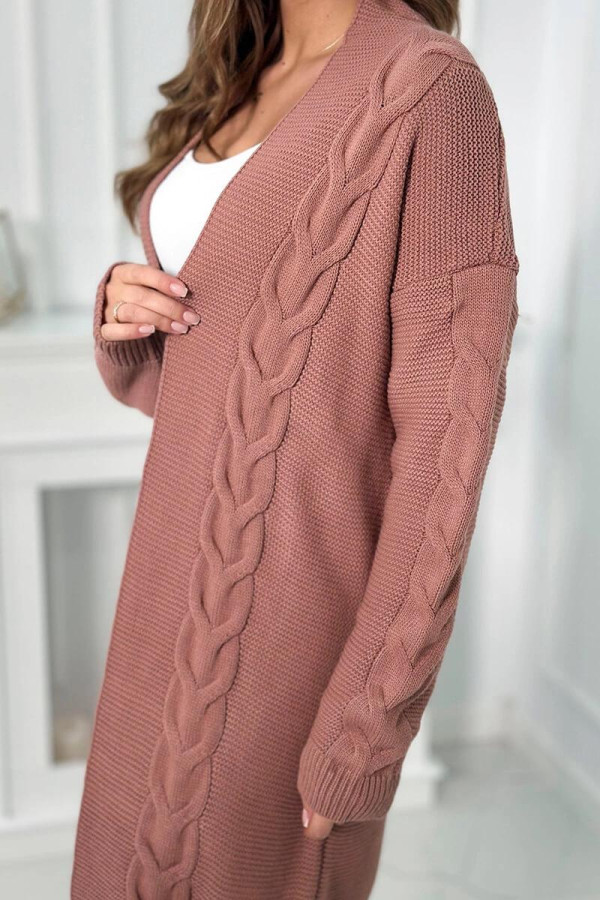 Kardigánový sveter s vrkočovým vzorom model 2021-5 staroružový