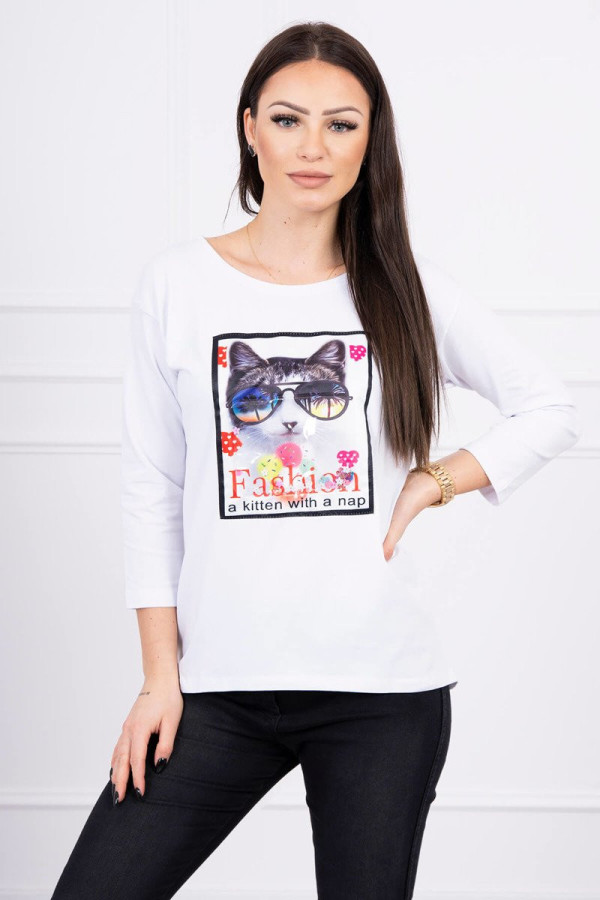 Tričko s našitým motívom mačky biele