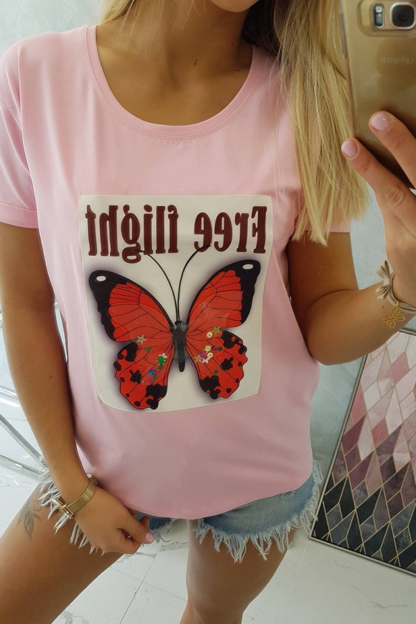 Tričko s potlačou motýľa a nápisom Free Flight pudrovo ružové