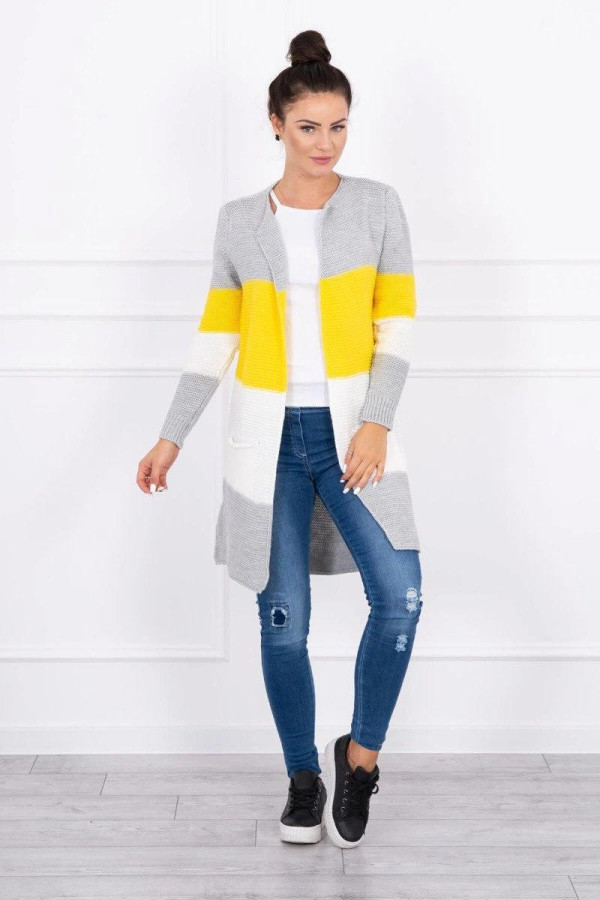 Trojfarebný kardigánový sveter model 2019-12 šedý+žltý