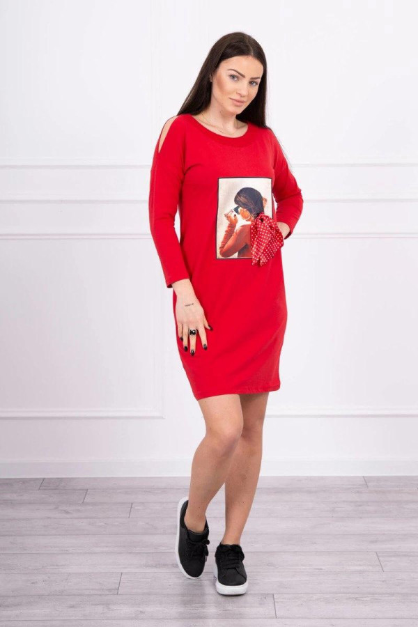 Šaty s 3D grafikou a bodkovanou mašľou model 66817 červené