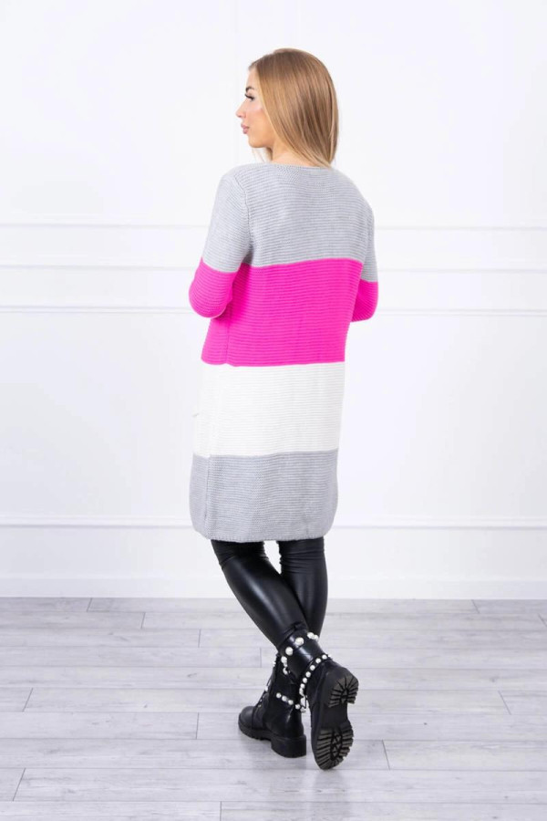 Trojfarebný kardigánový sveter model 2019-12 šedý+neónovo ružový