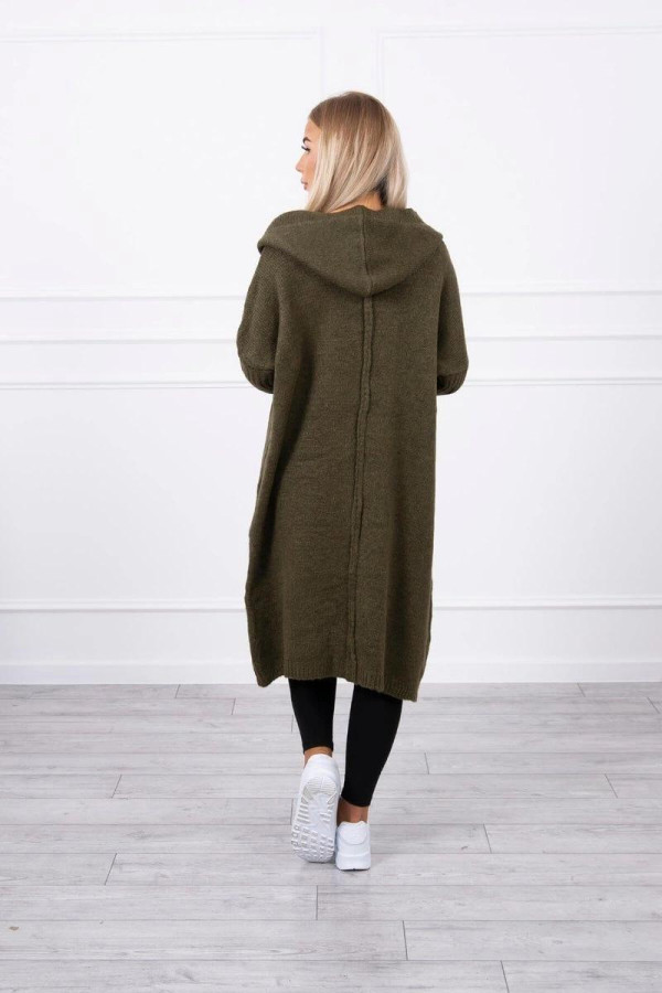Kardigánový sveter s kapucňou a netopierími rukávmi model 2020-14 farba khaki
