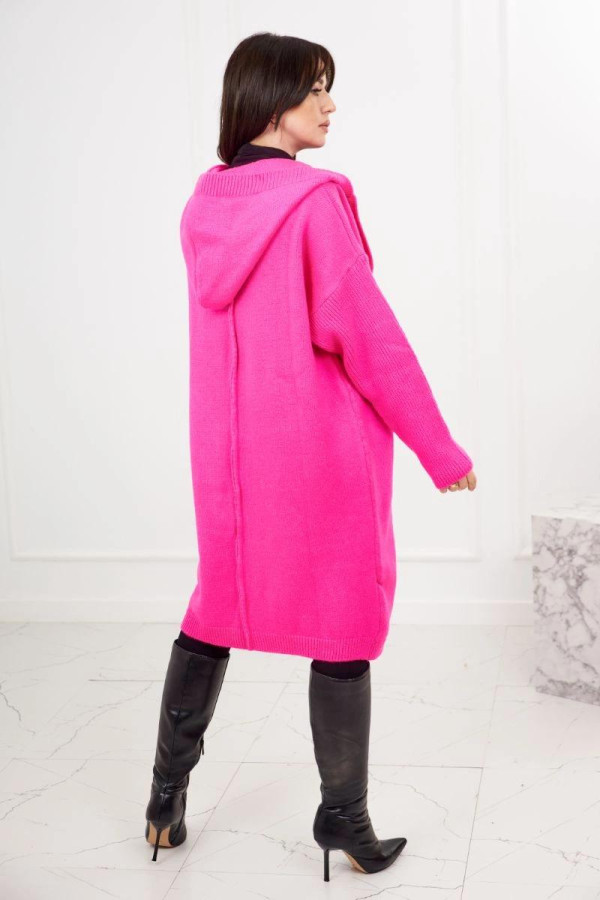 Dlhý kardigánový sveter s kapucňou model 24-34 neónovo ružový