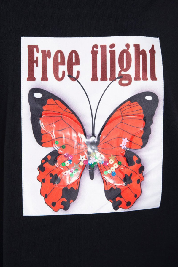 Tričko s potlačou motýľa a nápisom Free Flight čierne
