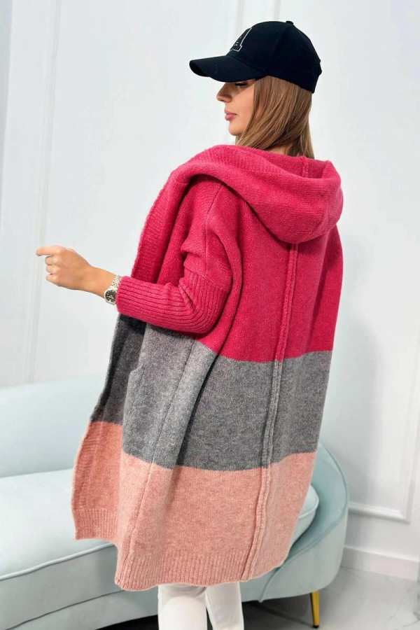 Trojfarebný kardigánový sveter s kapucňou fuksiový+šedý+pudrovo ružový