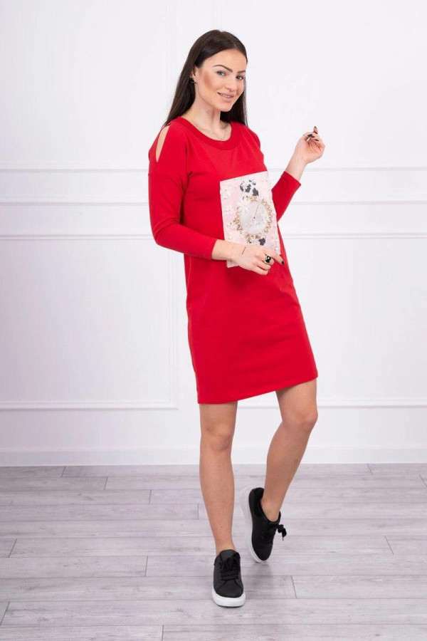 Šaty s 3D grafikou hodiniek s našitými perlami model 66816 červené