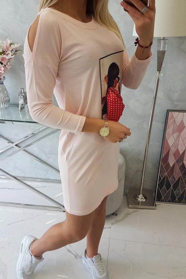Šaty s 3D grafikou a bodkovanou mašľou model 66817 pudrovo ružové