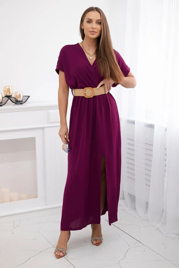 Dlhé šaty s ozdobným opaskom a rozparkom model 6012F tmavé fialové