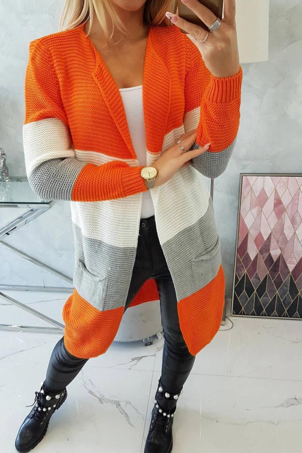 Trojfarebný kardigánový sveter model 2019-12 oranžový+ecru