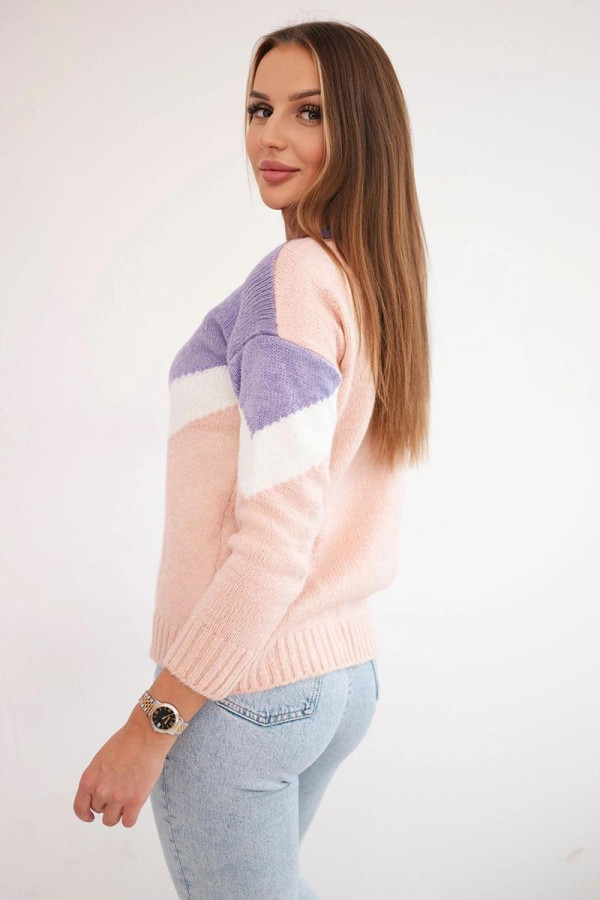 Dvojfarebný sveter s véčkovým vzorom model 2019-51 farba lila+ružová