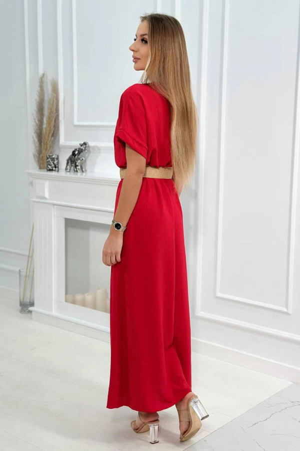 Dlhé šaty s ozdobným opaskom a rozparkom model 6012F červené