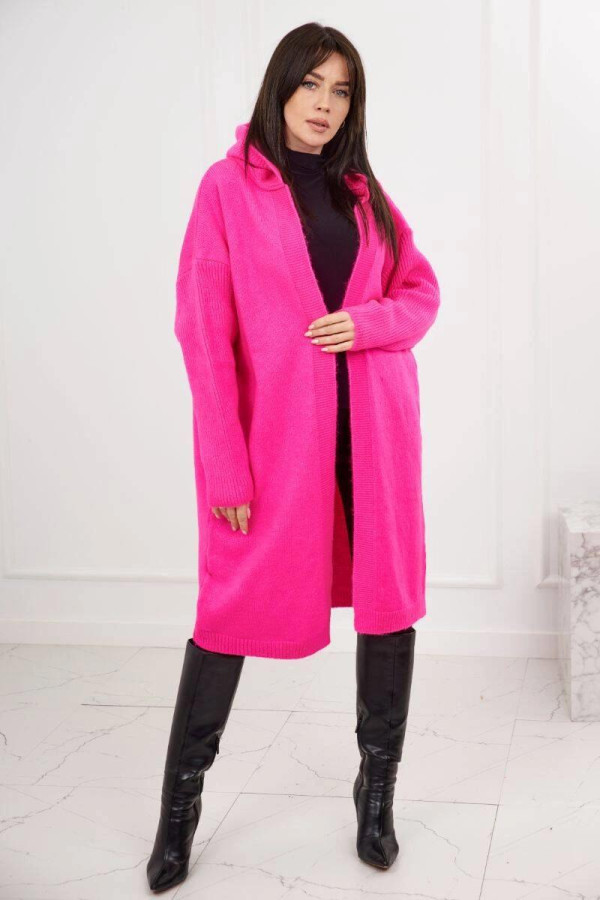 Dlhý kardigánový sveter s kapucňou model 24-34 neónovo ružový