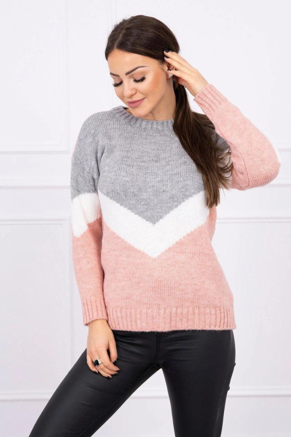 Dvojfarebný sveter s véčkovým vzorom model 2019-51 šedá+pudrovo ružová