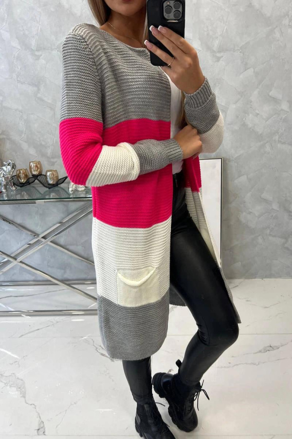 Trojfarebný kardigánový sveter model 2019-12 šedý+malinový