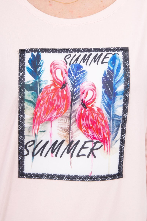 Tričko s našitou grafikou plameniakov a nápisom Summer pudrovo ružové