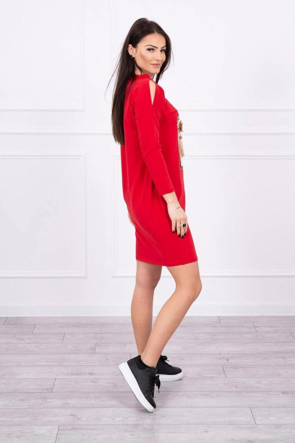 Šaty s 3D grafikou s kvetinami a strapcami model 66828 červené