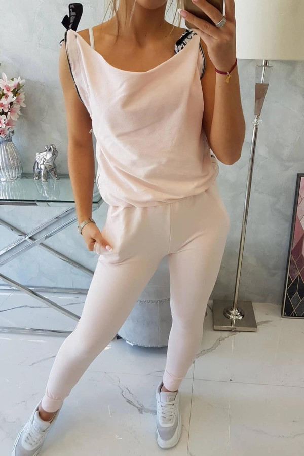 Nohavice à la overal s ramienkom s nápisom Selfie pudrovo ružové