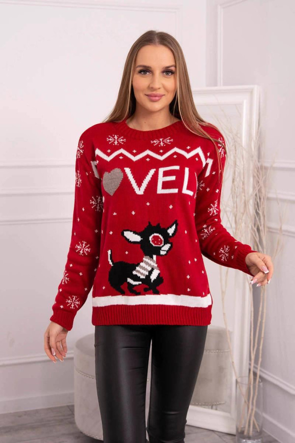 Vianočný sveter so sobíkom a nápisom Lovely červený