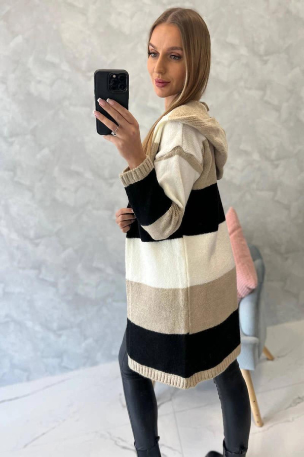 Trojfarebný kardigánový sveter model 2019-25 ecru+béžový+čierny
