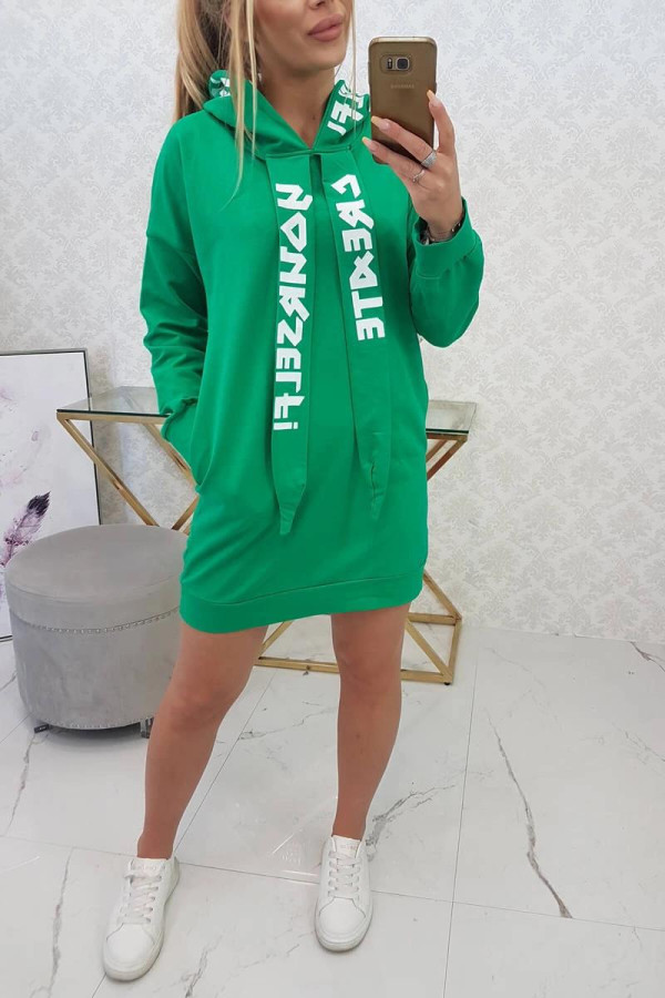 Šaty s kapucňou a nápismi Create Yourself zelené